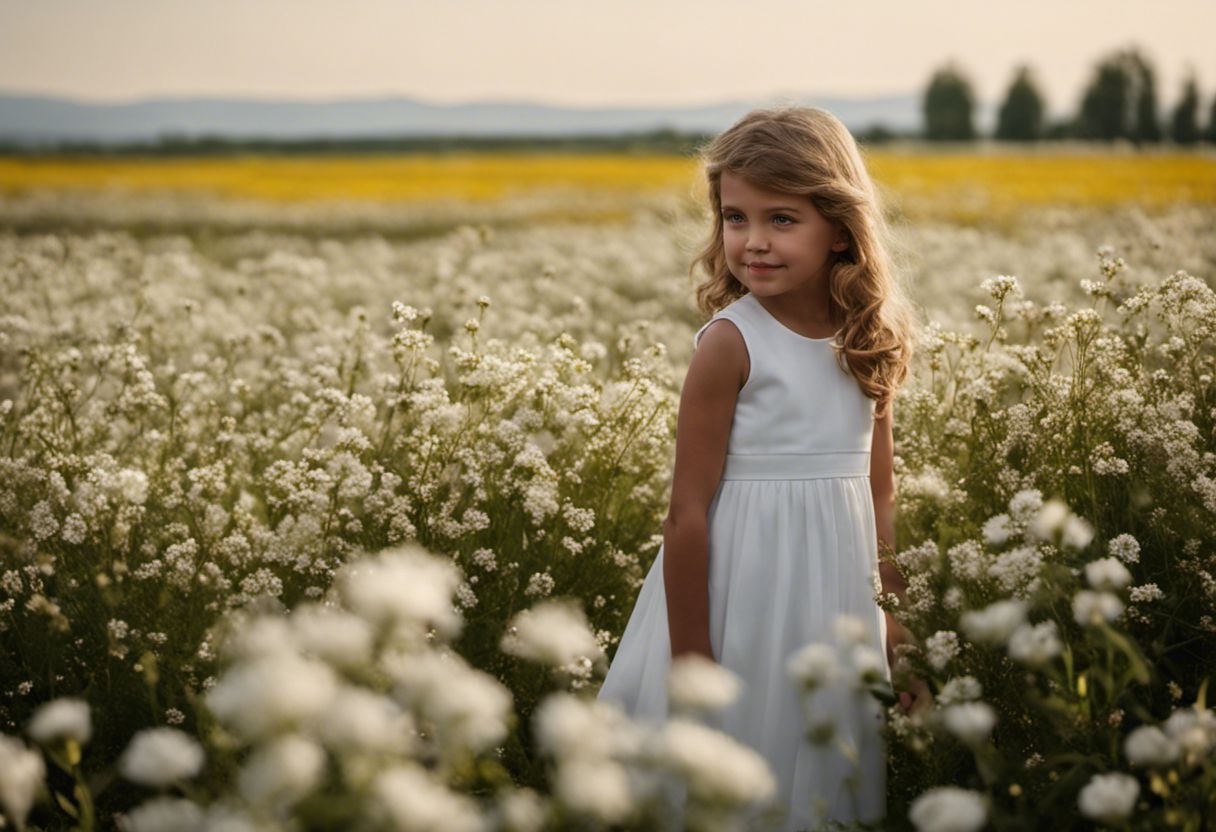 Petite fille dans une robe blanche, au milieu des fleurs.